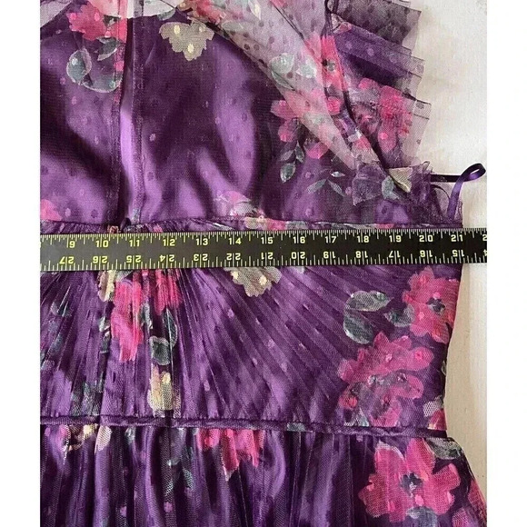 Mac Duggal Leena Cap Sleeve Floral A Line Dress Pleated Dot Tulle Womens Size 8 - Picture 9 of 14